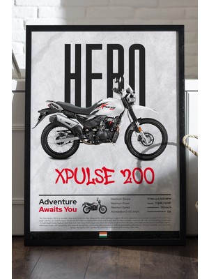 Duvarda Hero x Pulse 200 Siyah Ahşap Çerçeveli Poster, Dekoratif Motosiklet Duvar Tablosu