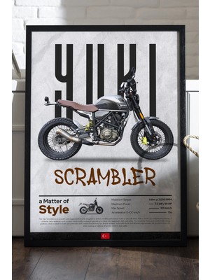 Duvarda Yuki Scrambler Siyah Ahşap Çerçeveli Poster, Dekoratif Motosiklet Duvar Tablosu