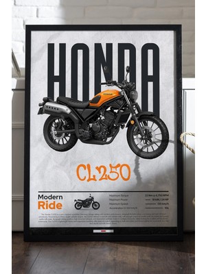 Duvarda Honda cl 250 Siyah Ahşap Çerçeveli Poster, Dekoratif Motosiklet Duvar Tablosu