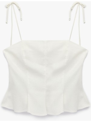 Koton Slim Fit Hafif Peplum Kesim Pileli Ip Askılı Crop Keten Bluz
