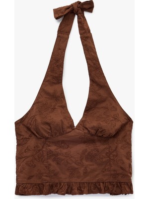 Koton Halter Yaka Kolsuz Nakışlı Pamuklu Crop Bluz