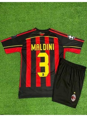 Efsane M.i.l.a.n Maldini 3 Nostalji Çocuk Siyah Kısa Kol Futbol Forması 2.li Set