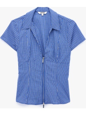 Koton Slim Fit Bel Vurgulu Fermuar Detaylı Pötikareli Poplin Gömlek