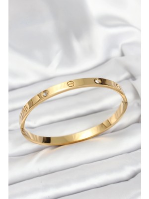 Mercora Tech 316L Çelik Gold Renk Zirkon Taşlı 65 mm Kadın Kelepçe Bileklik