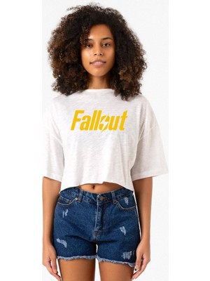 Fallout Lettern Beyaz Kırçıllı Kadın Crop Tshirt