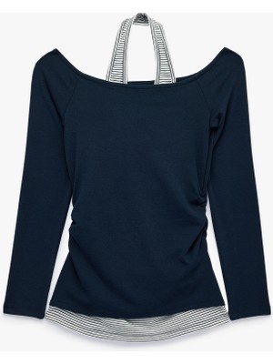 Koton Slim Fit Viskon Karışımlı Halter Yaka Uzun Kollu Ikili Tişört