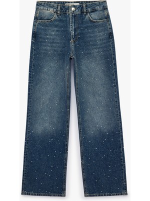 Koton Taş Detaylı Yüksek Bel Düz Paça Denim Pantolon- Straight Jeans