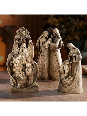 Zg Store Avalon Galeri Noel Figürleri - Oyma Ahşap Görünümlü Joseph Mary ve Jesus Masa Üstü Doğum Heykelcik, 25,8 Cm, Kutsal Aile