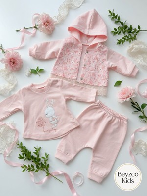 Beyzco Kids Kız Bebek Çiçekli, Kapşonlu 3lü Takım