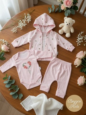 Beyzco Kids Kız Bebek Lale Nakışlı, Badili 3lü Takım