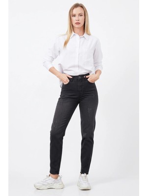 FullaModa Yüksek Bel Yırtık Mom Jean