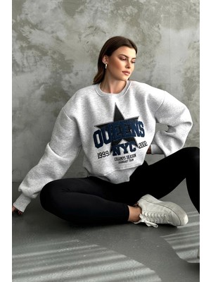 FullaModa Yıldız Baskılı Bisiklet Yaka Oversize Sweatshirt