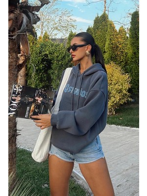 FullaModa Studios Kot Nakışlı Kapüşonlu Sweatshirt