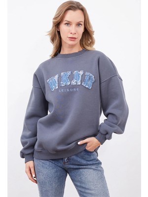 FullaModa 3 Iplik Kot Nakışlı Oversize Sweatshirt