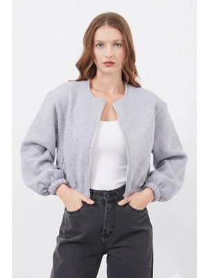 FullaModa Fermuarlı Beli Lastikli Crop Ceket