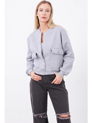 FullaModa 3 Iplik Çıtçıtlı Oversize Crop Ceket