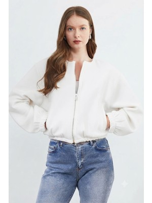 FullaModa Fermuarlı Beli Lastikli Crop Ceket
