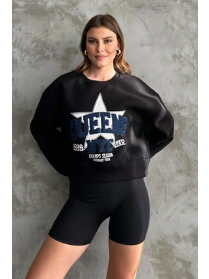 FullaModa Yıldız Baskılı Bisiklet Yaka Oversize Sweatshirt