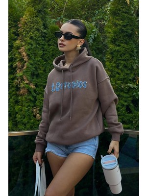 FullaModa Studios Kot Nakışlı Kapüşonlu Sweatshirt