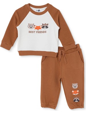 Hellobaby Erkek Bebek Eşofman Takımı Hayvan Baskılı Bağcıklı Bisiklet Yaka Long Sleeve Lastikli