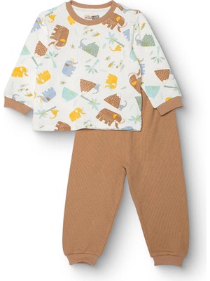Hellobaby Erkek Bebek Pijama Takımı Hayvan Baskılı Çıtçıtlı Bisiklet Yaka Uzun Kol Ribanalı