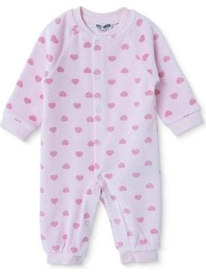 Hellobaby Kız Bebek Kadife Tulum Kalp Baskılı Çıtçıtlı Bisiklet Yaka Uzun Kol Patiksiz