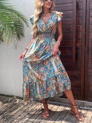Efnaz Style Kadın Kısa Kollu Kruvaze Yakalı Desenli Maxi Elbise