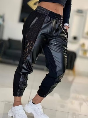 Efnaz Style Kadın Yüksek Bel Lastikli Yanda Dantel Detaylı Bağcıklı Deri Pantolon