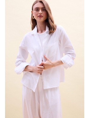 DeFacto Oversize Pijama Yaka Keten Karışımlı Uzun Kollu Beyaz Gömlek I1000AX26HS