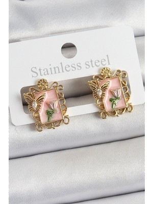 Epilons Pirinç Pembe Mineli Sanatsal Portre Model Gold Renk Kadın Küpe - TJ-BKP10685