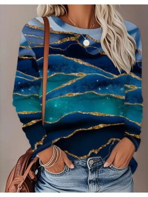 Efnaz Style Kadın Uzun Kollu Bisiklet Yaka Desenli Modal Bluz