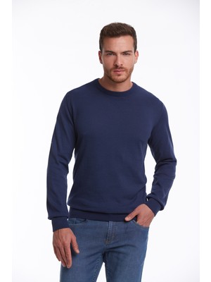 Hatemoğlu Erkek indigo Regular Fit %100 Pamuk Bisiklet Yaka Triko Kazak