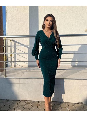 Efnaz Style Kadın Uzun Kollu Kruvaze Yaka Büzgü ve Balon Kol Detay Simli Krep Kumaş Maxi Boy Elbise