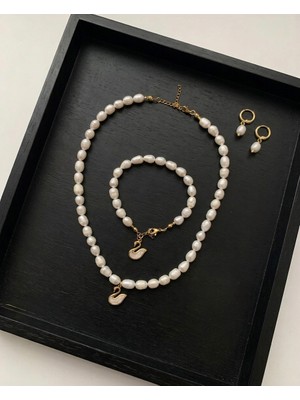 Taşmir Sertifikalı Doğal Büyük Arpa Inci Kolye Bileklik Küpe Set Kuğu Charm Altın Kaplama Pirinç Aparatlar
