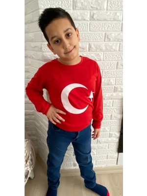 Herşey Nota %100 Pamuk Süprem Türk Bayrağı Baskılı Uzun Kollu Tişört