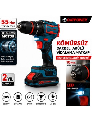 Catpower 1050 Kömürsüz Darbeli Şarjlı Matkap Vidalama 20V 2.0AH 55 Nm Brushless Çift Akülü 70 Parça Set