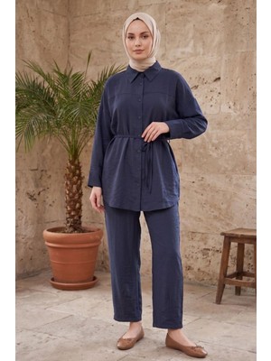Modestim Kadın Lacivert Gömlek Tunik Bağcıklı Pantolon Paça Pensli Trend Şık Yazlık Tesettür Takım