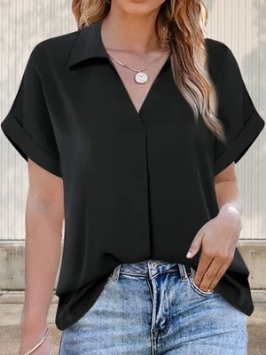 Efnaz Style Kadın Kısa Kollu Yakalı Uzun Sandy Bluz