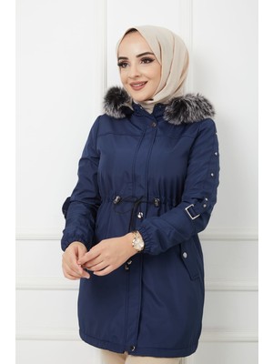 Vibeys Collection Lacivert Içi Kürkü ve Su Geçirmez Bayan Kışlık Mont & Kaban
