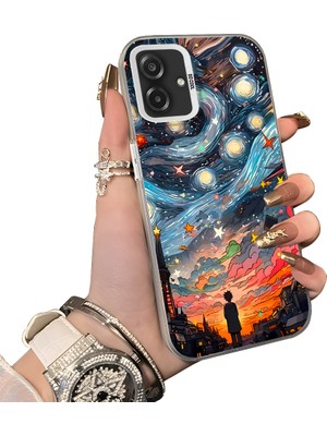 HONTINGA Samsung Galaxy A07 ile Uyumlu Kılıf Silikon Kenar Sert Arka Kamera Koruyucu Basitlik Anti Düşme Kamera Korumalı Yıldızlı Gökyüzü Desen Couple Telefon Kılıfı Uygundur K1-1516