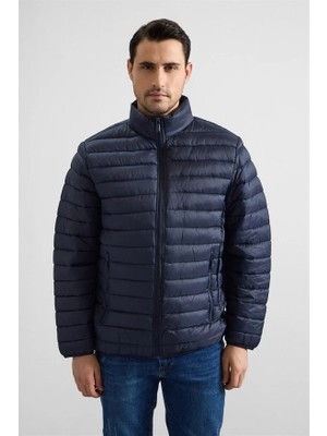 Süvari Lacivert Slim Yarım Balıkçı Yaka Yatay Çizgili Yan Cepli Fermuar Elyaf Dolgulu Mont