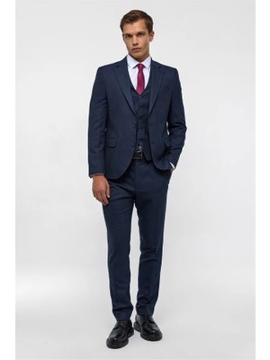 Süvari Lacivert Slim Mono Yaka Yan Cepli 6 Drop Yelekli Takım Elbise