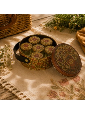 Sarkap Home 1 L Vintage Desen Deri Saplı Kutu ve 6'lı 30 ml Kavanoz Piknik Seti 140X65 mm