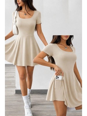 Lune Store Kadın Kısa Kollu Kare Yakalı Cep Detaylı Dalgıç Elbise Tulum