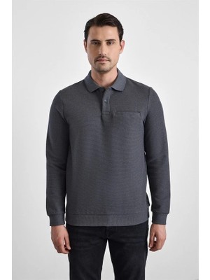 Süvari Gri Regular Düz Baskısız Selanik Düğmeli Polo Yaka Torba Cep Trikolu Sweatshirt