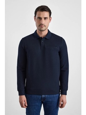 Süvari Lacivert Regular Düz Baskısız Selanik Düğmeli Polo Yaka Torba Cep Trikolu Sweatshirt
