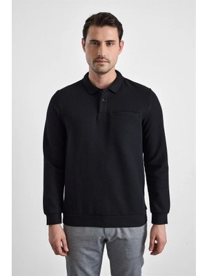 Süvari Siyah Regular Düz Baskısız Selanik Düğmeli Polo Yaka Torba Cep Trikolu Sweatshirt