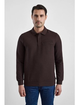 Süvari Koyu Kahve Regular Düz Baskısız Selanik Düğmeli Polo Yaka Torba Cep Trikolu Sweatshirt
