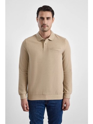 Süvari Bej Regular Düz Baskısız Selanik Düğmeli Polo Yaka Torba Cep Trikolu Sweatshirt