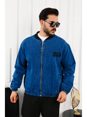 Comstar Erkek Oversize Günlük Bomber Jean Lacivert Fermuarlı Kot Ceket